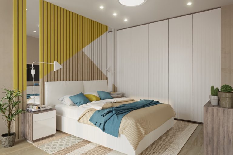 bedroom-accent-wall-colored-slats-triangle-pattern-768x512